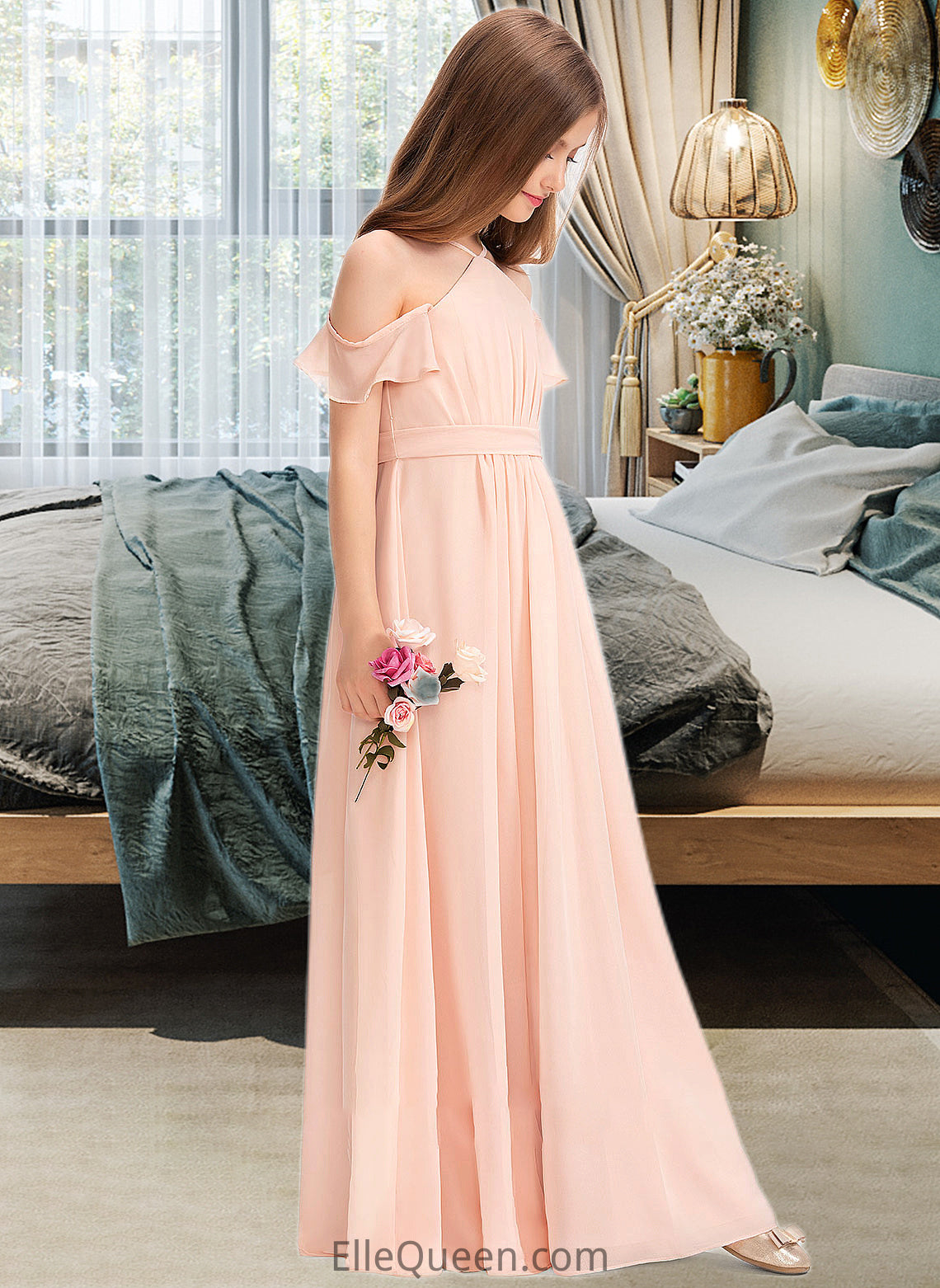 Stephanie A-Line V-neck Floor-Length Chiffon Junior Bridesmaid Dress With Ruffle Bow(s) DGP0013349