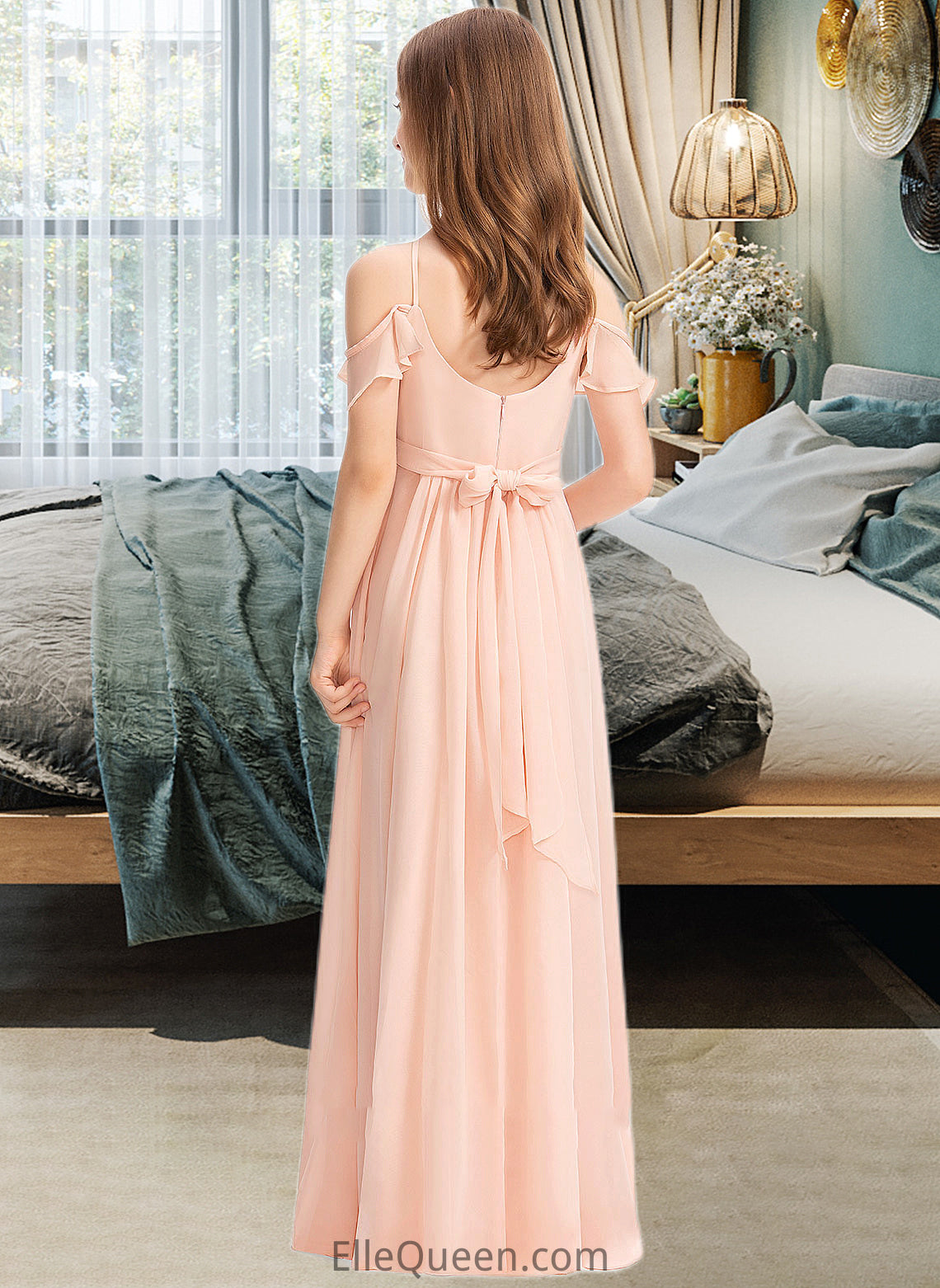 Stephanie A-Line V-neck Floor-Length Chiffon Junior Bridesmaid Dress With Ruffle Bow(s) DGP0013349