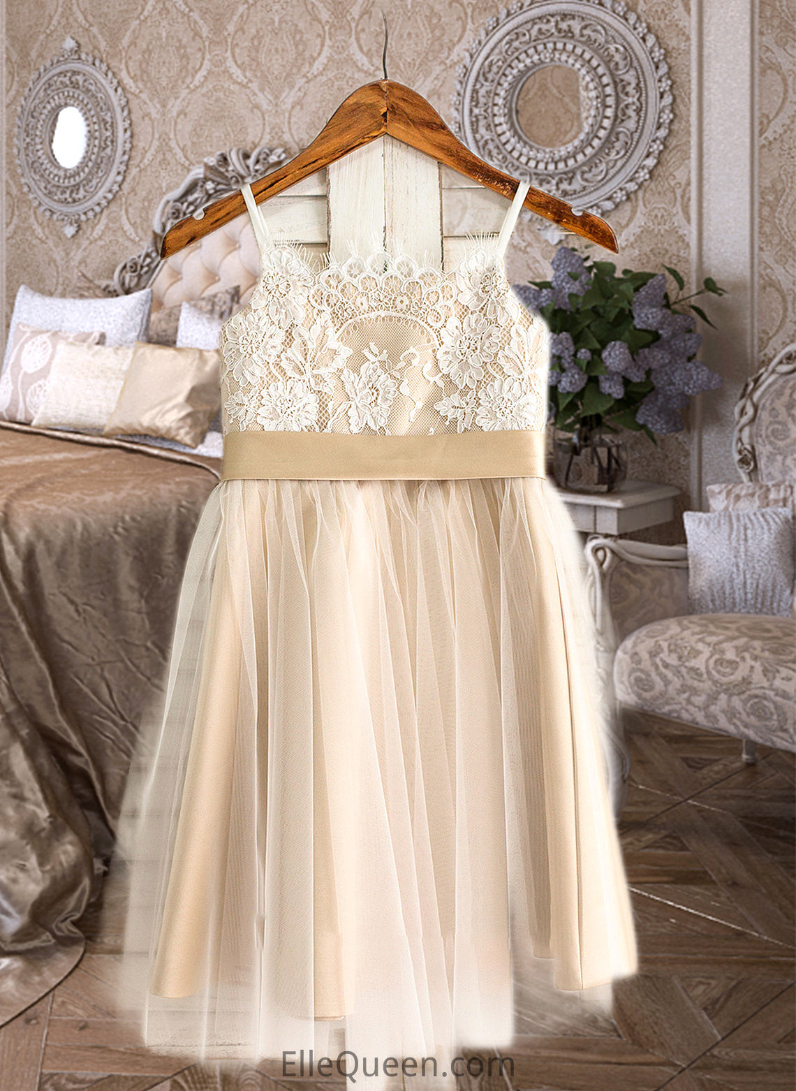 Kendal A-Line Square Neckline Knee-Length Tulle Junior Bridesmaid Dress With Sash Bow(s) DGP0013351