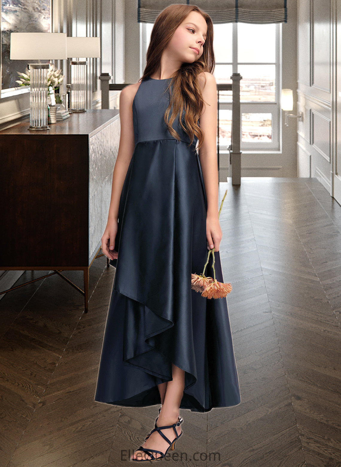 Jamya A-Line Scoop Neck Asymmetrical Satin Junior Bridesmaid Dress With Cascading Ruffles DGP0013352