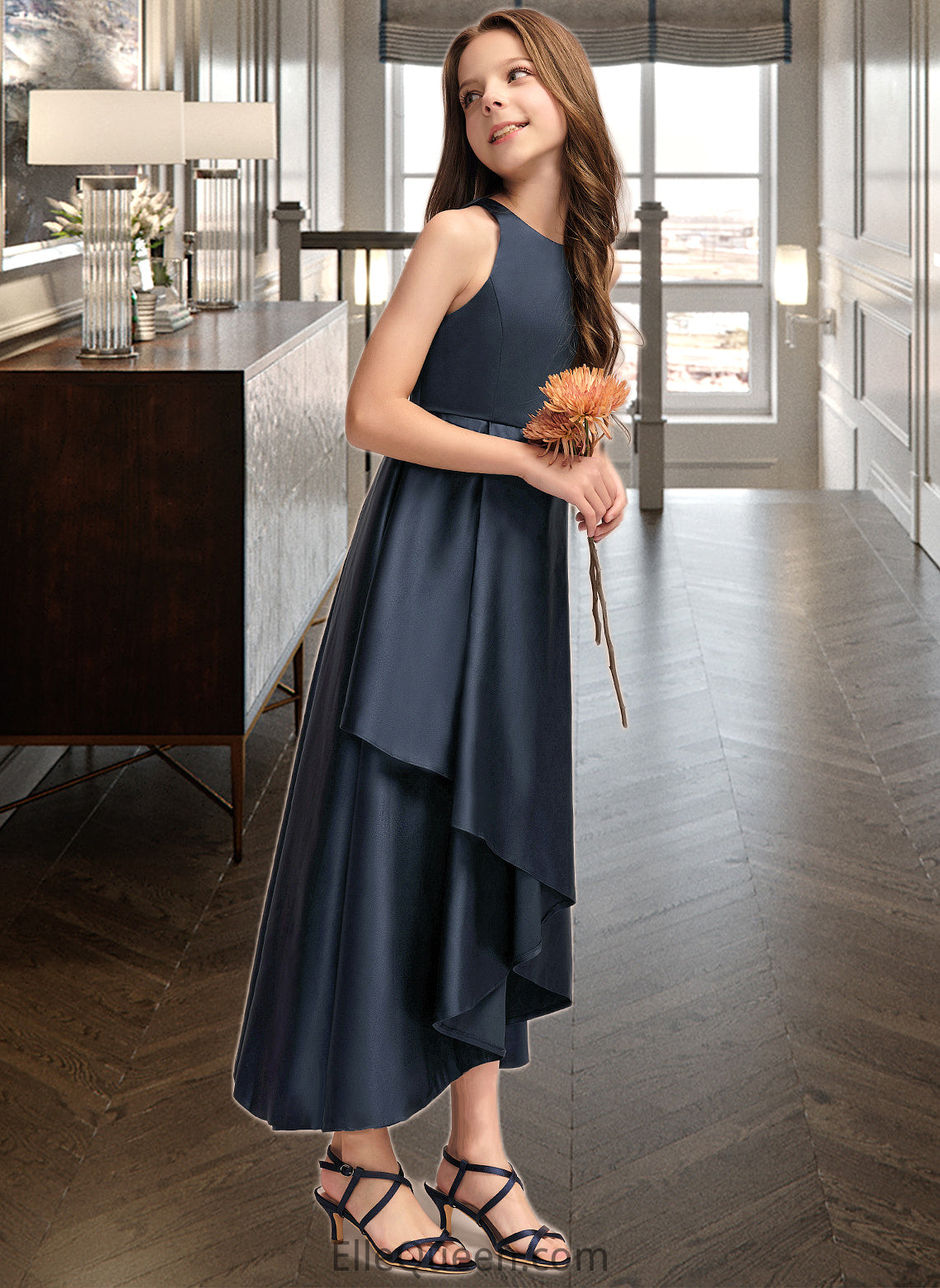 Jamya A-Line Scoop Neck Asymmetrical Satin Junior Bridesmaid Dress With Cascading Ruffles DGP0013352