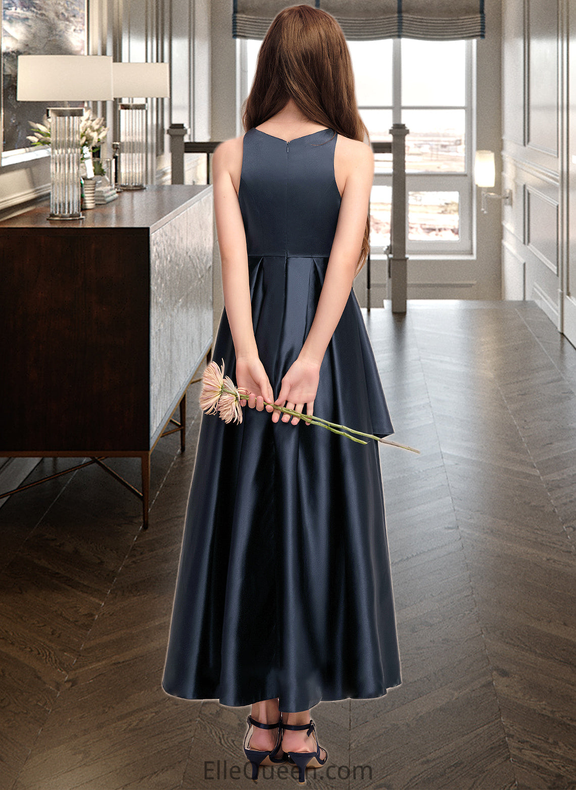 Jamya A-Line Scoop Neck Asymmetrical Satin Junior Bridesmaid Dress With Cascading Ruffles DGP0013352