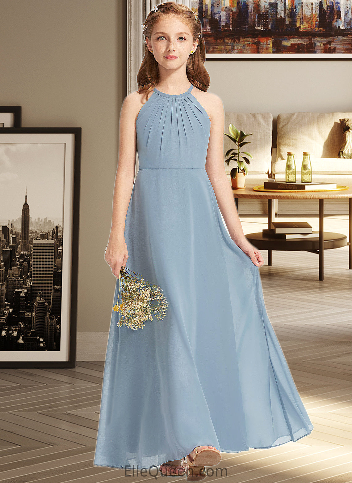 Nayeli A-Line Scoop Neck Floor-Length Chiffon Junior Bridesmaid Dress With Ruffle DGP0013353