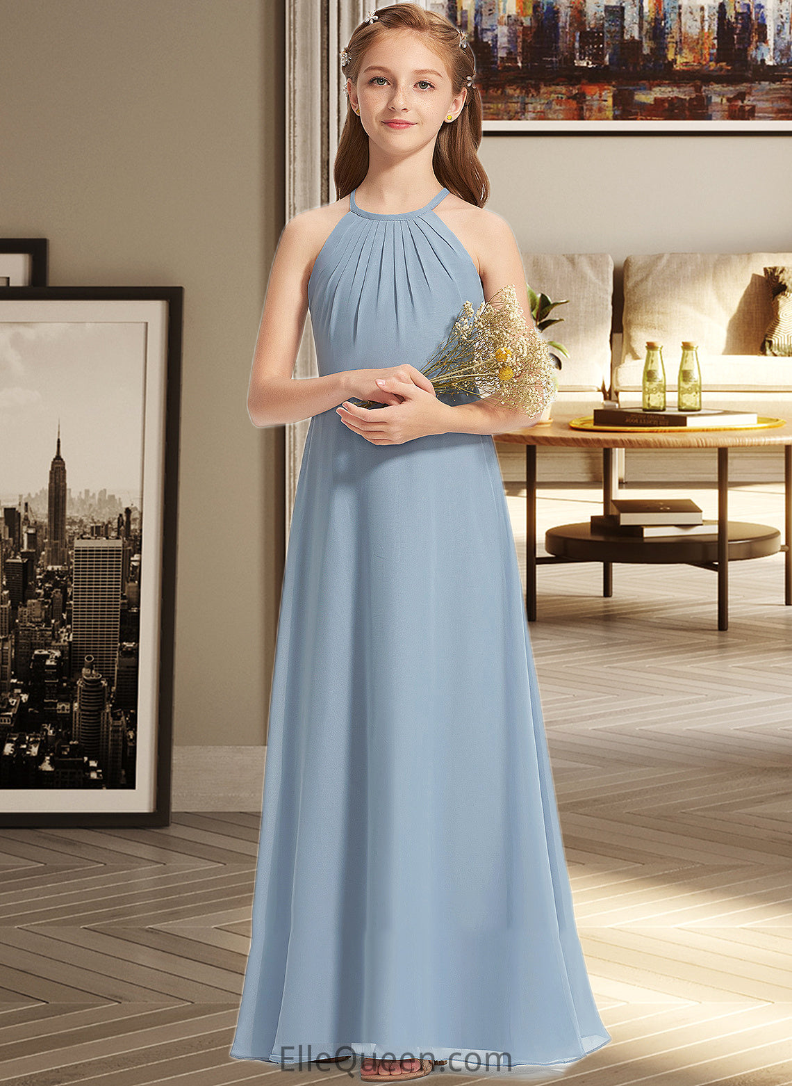 Nayeli A-Line Scoop Neck Floor-Length Chiffon Junior Bridesmaid Dress With Ruffle DGP0013353