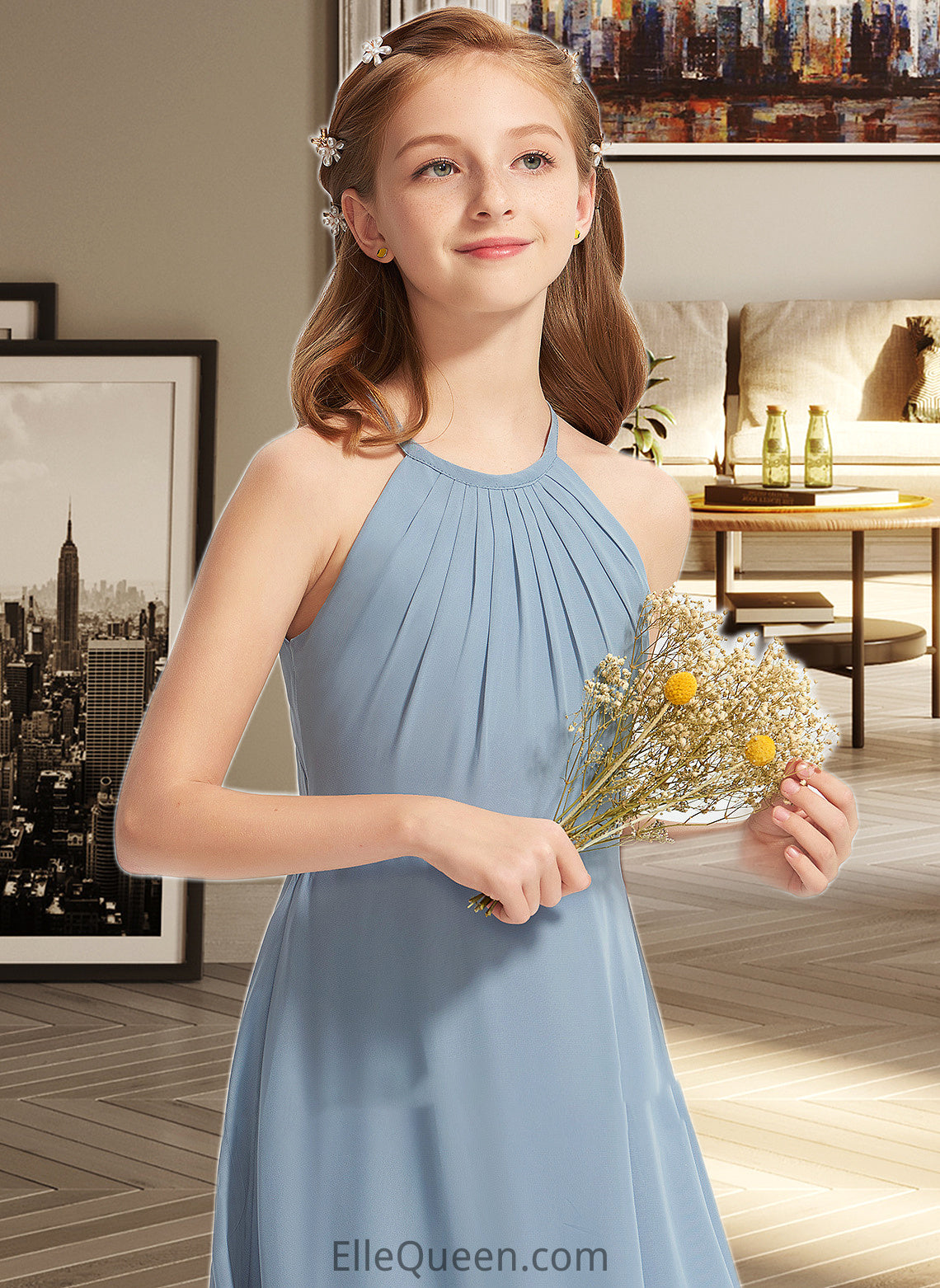 Nayeli A-Line Scoop Neck Floor-Length Chiffon Junior Bridesmaid Dress With Ruffle DGP0013353