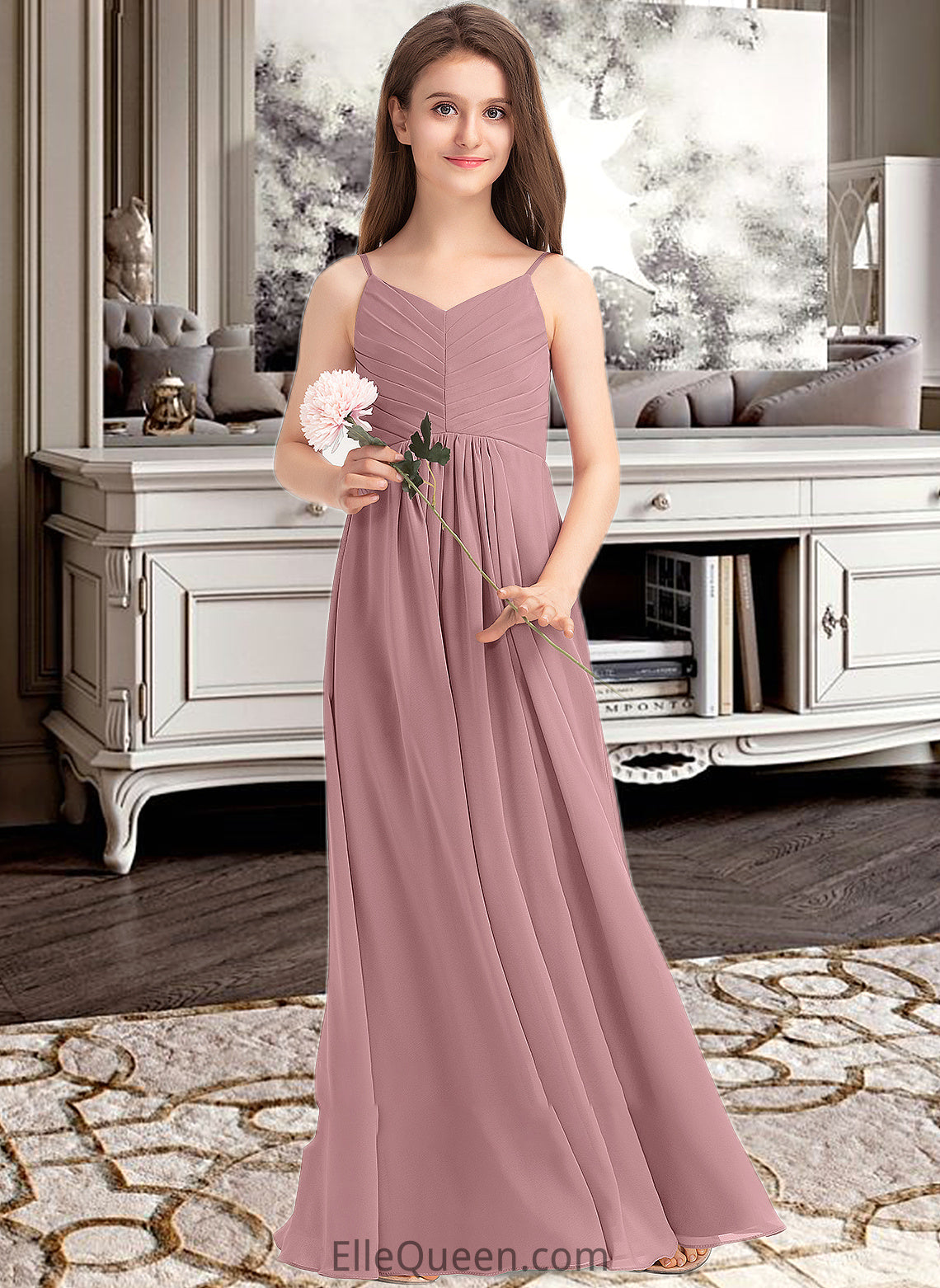 Lacey A-Line V-neck Floor-Length Chiffon Junior Bridesmaid Dress With Ruffle DGP0013354