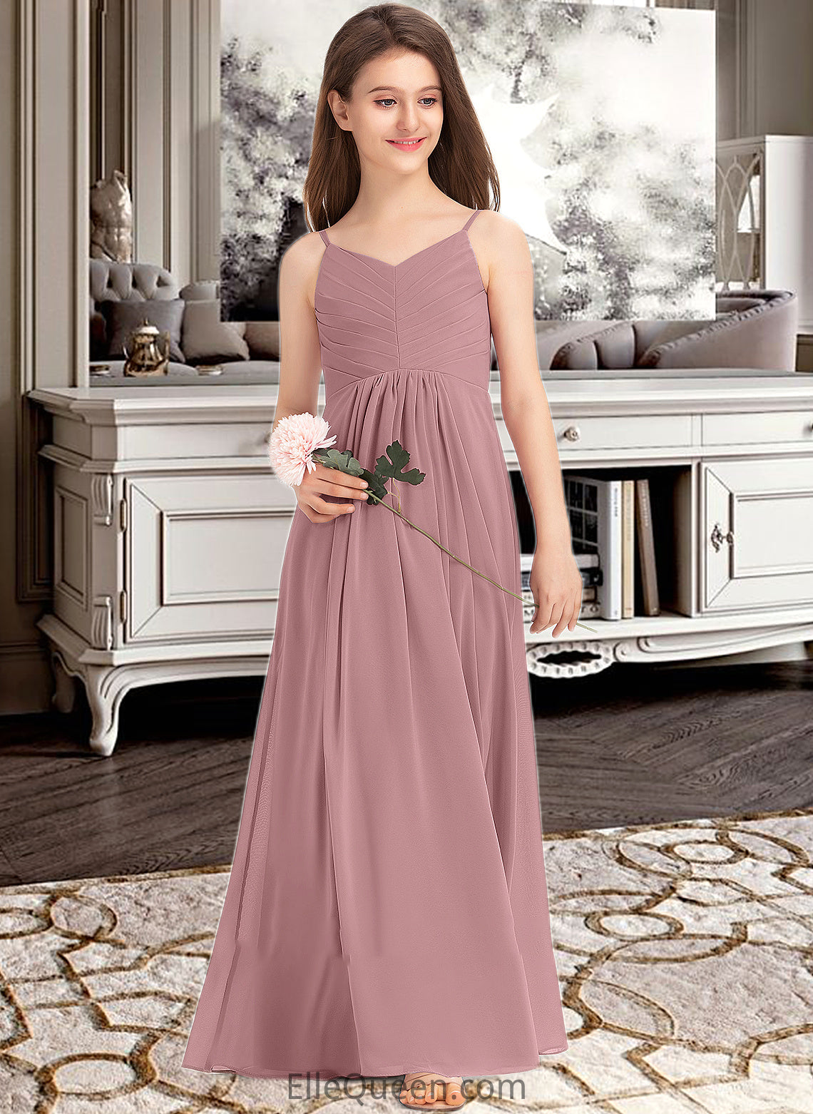 Lacey A-Line V-neck Floor-Length Chiffon Junior Bridesmaid Dress With Ruffle DGP0013354