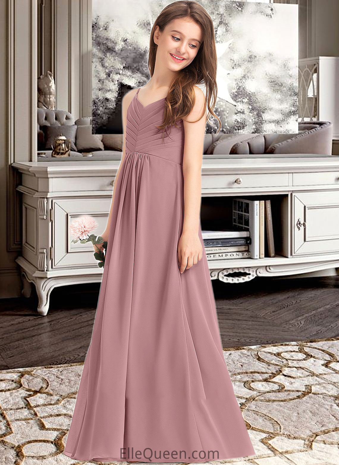 Lacey A-Line V-neck Floor-Length Chiffon Junior Bridesmaid Dress With Ruffle DGP0013354