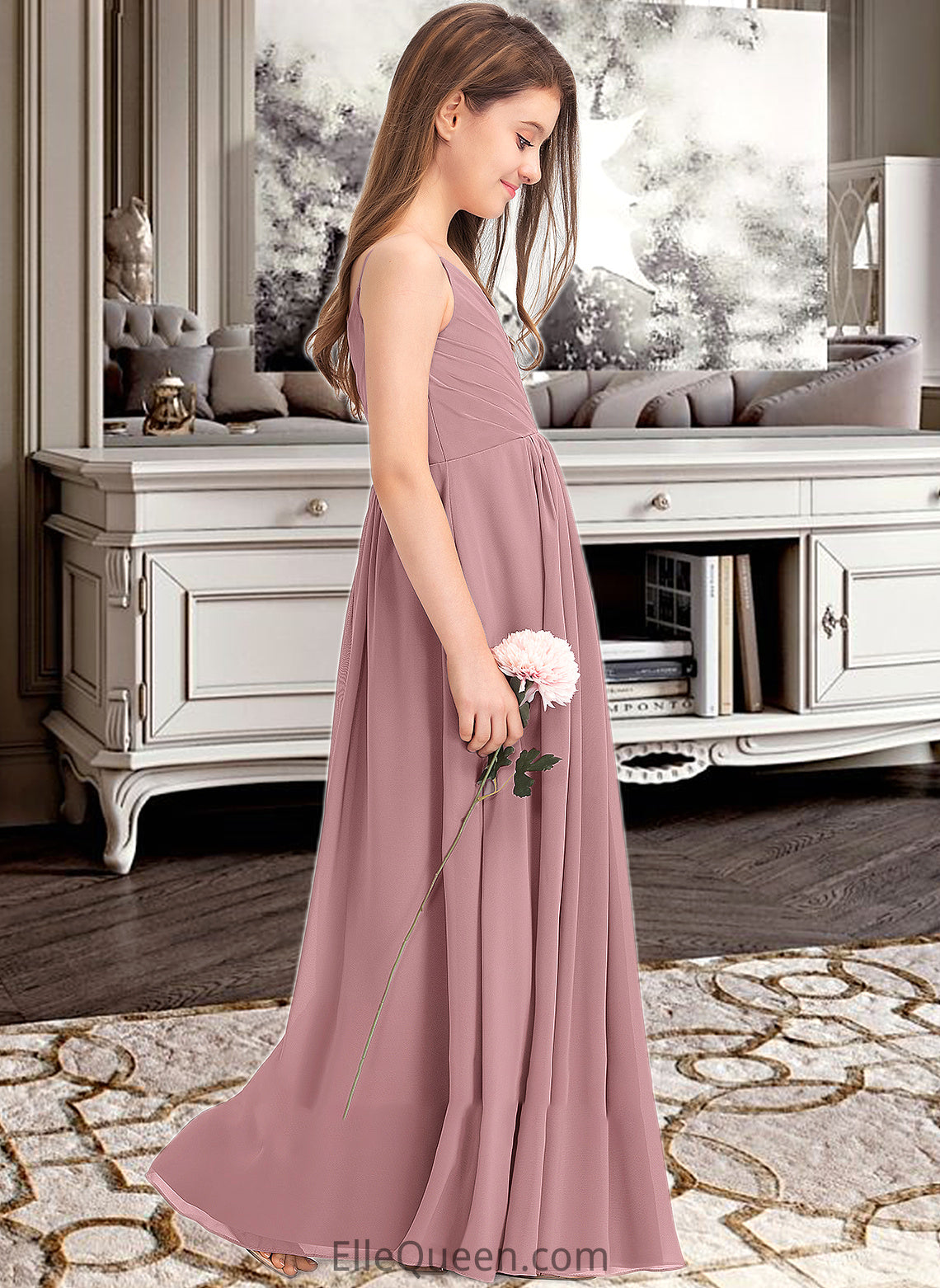 Lacey A-Line V-neck Floor-Length Chiffon Junior Bridesmaid Dress With Ruffle DGP0013354