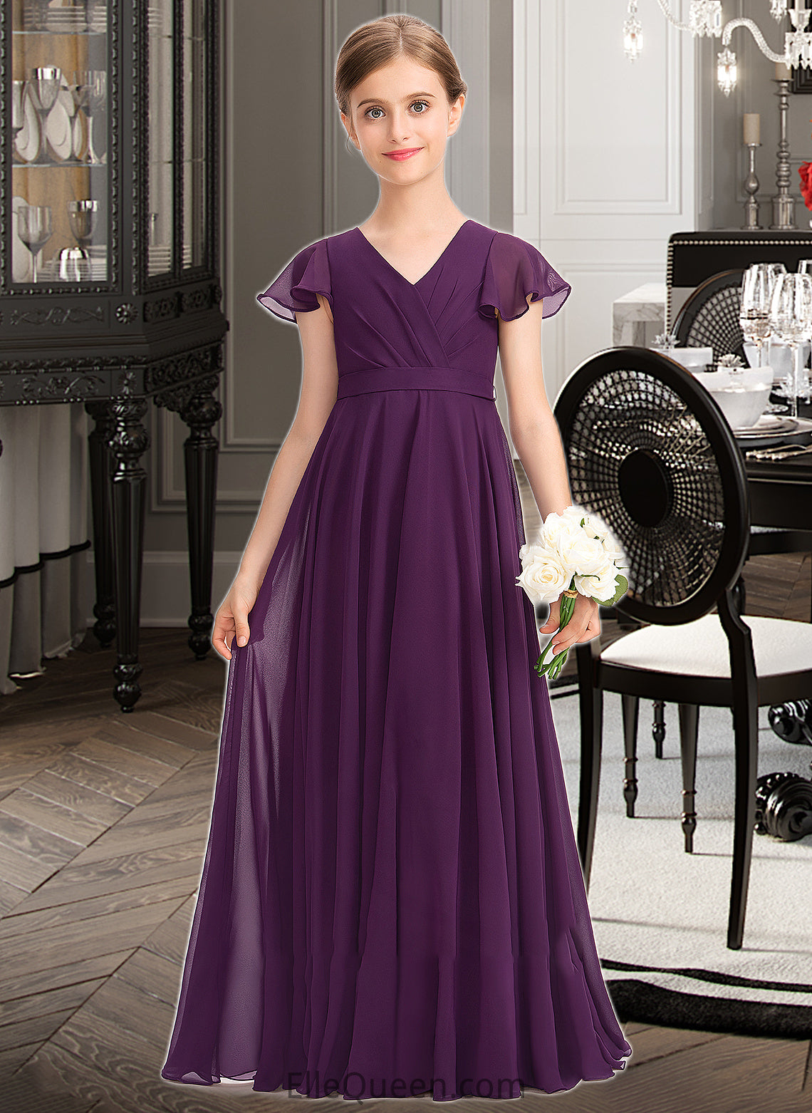 Tamara A-Line V-neck Floor-Length Chiffon Junior Bridesmaid Dress With Bow(s) Cascading Ruffles DGP0013355