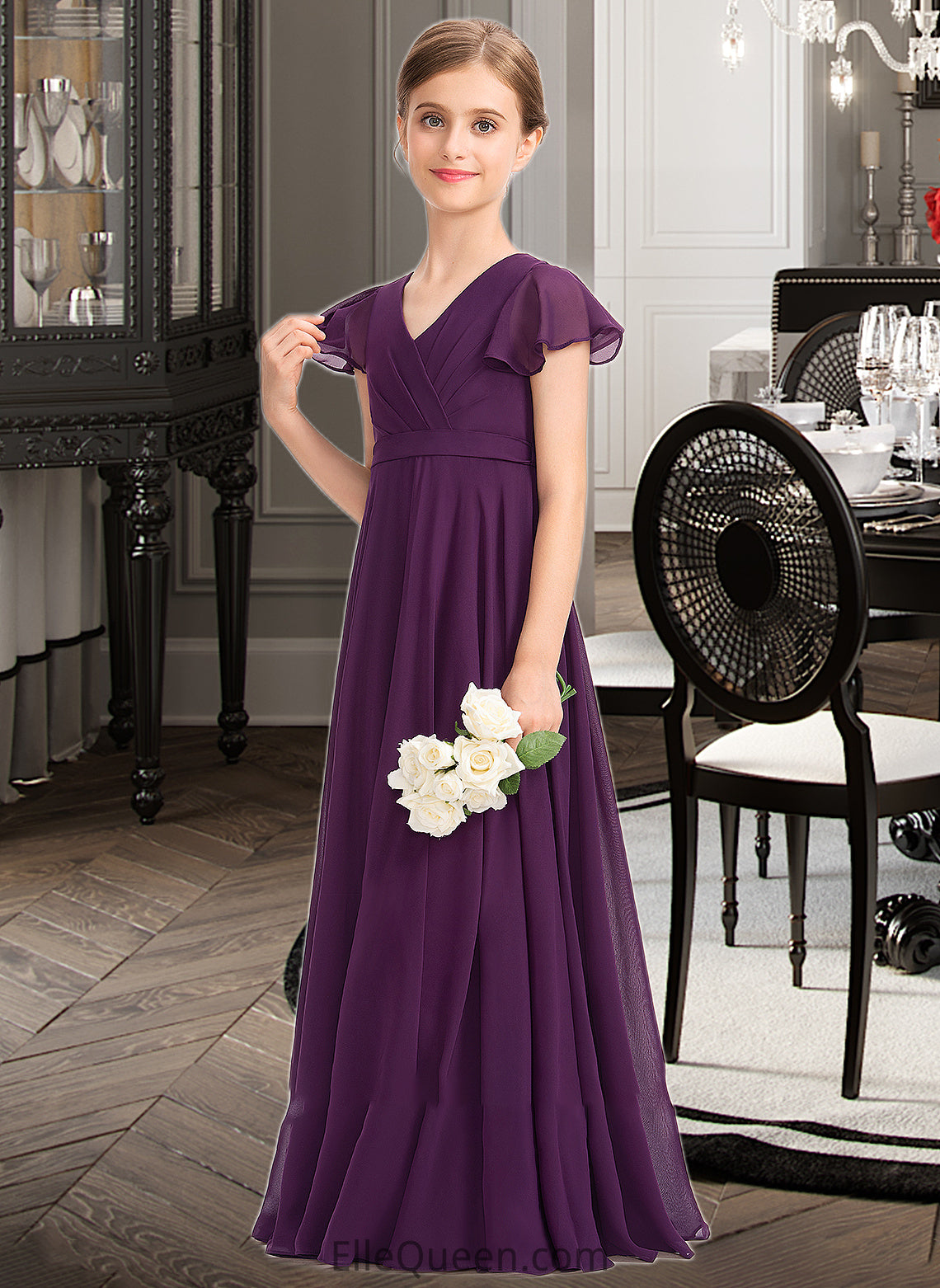 Tamara A-Line V-neck Floor-Length Chiffon Junior Bridesmaid Dress With Bow(s) Cascading Ruffles DGP0013355