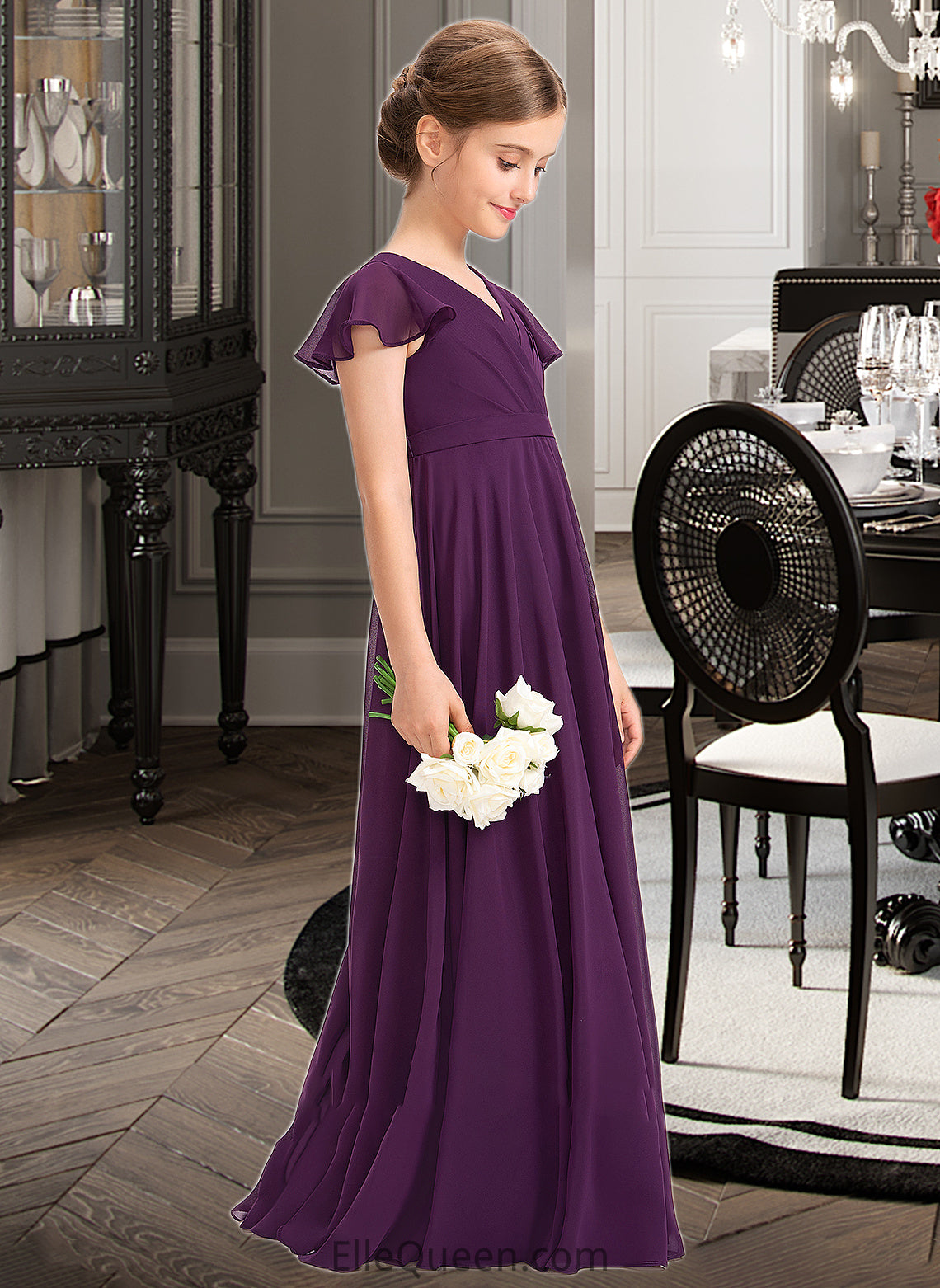 Tamara A-Line V-neck Floor-Length Chiffon Junior Bridesmaid Dress With Bow(s) Cascading Ruffles DGP0013355