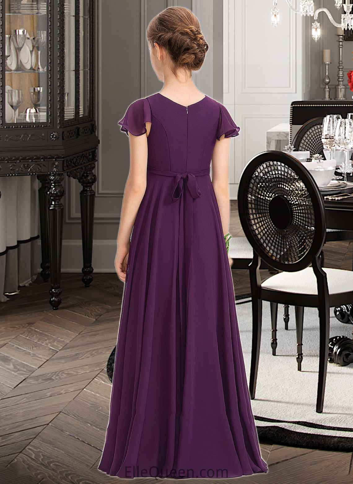 Tamara A-Line V-neck Floor-Length Chiffon Junior Bridesmaid Dress With Bow(s) Cascading Ruffles DGP0013355