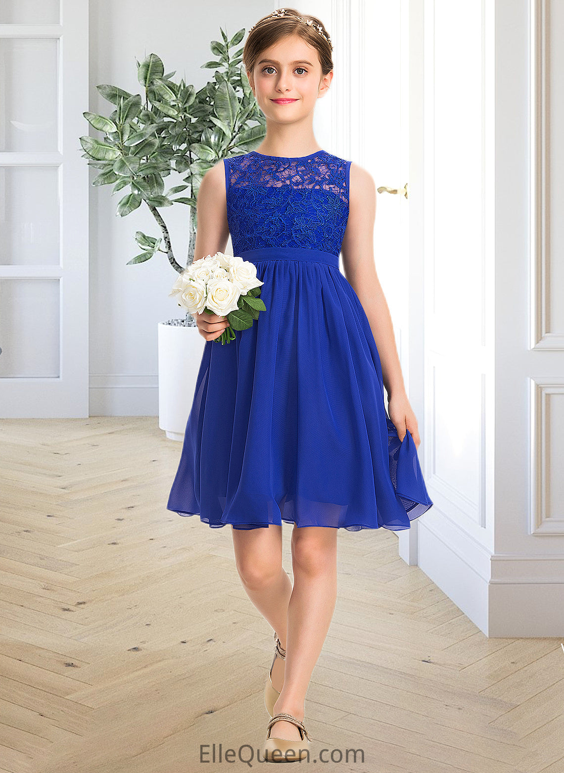 Rebecca A-Line Scoop Neck Knee-Length Chiffon Lace Junior Bridesmaid Dress DGP0013356