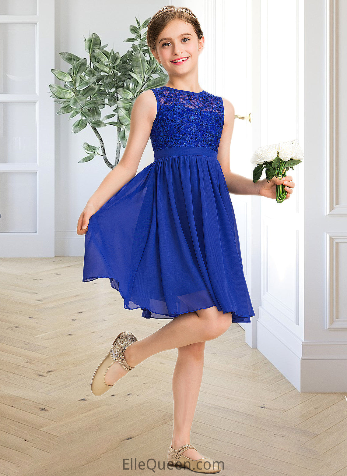 Rebecca A-Line Scoop Neck Knee-Length Chiffon Lace Junior Bridesmaid Dress DGP0013356