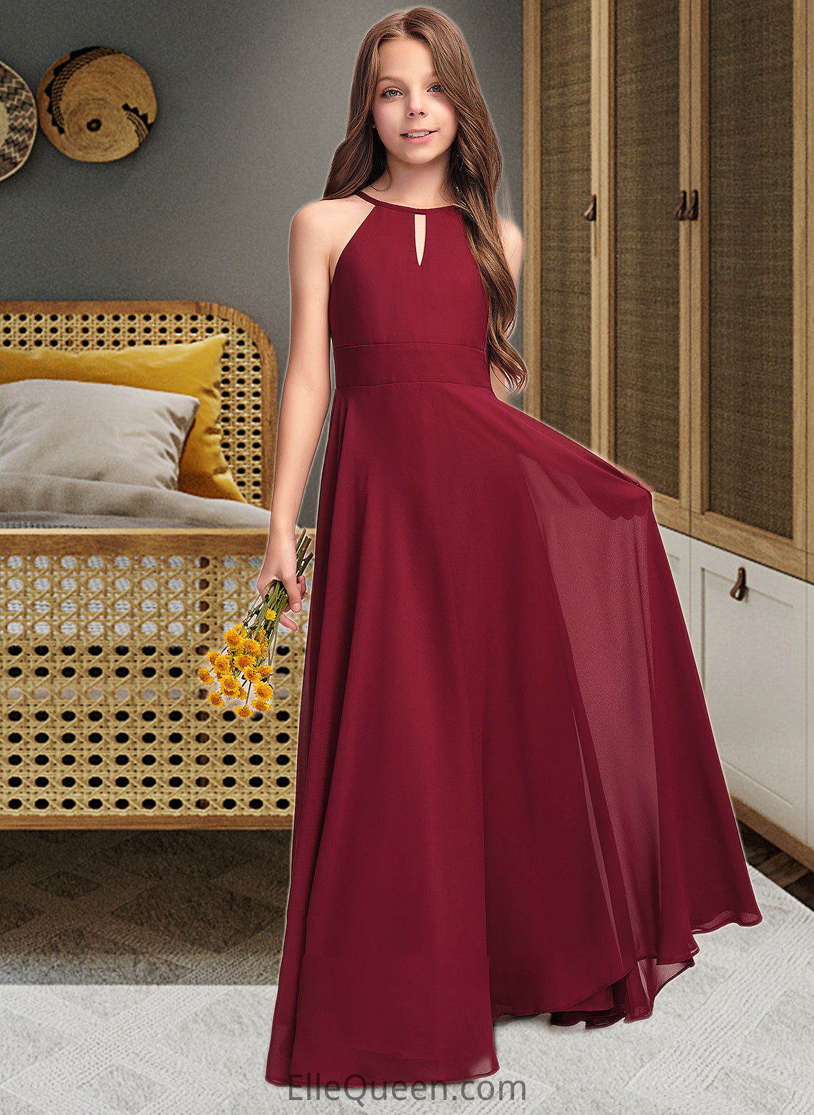 Rosalie A-Line Scoop Neck Floor-Length Chiffon Junior Bridesmaid Dress DGP0013357