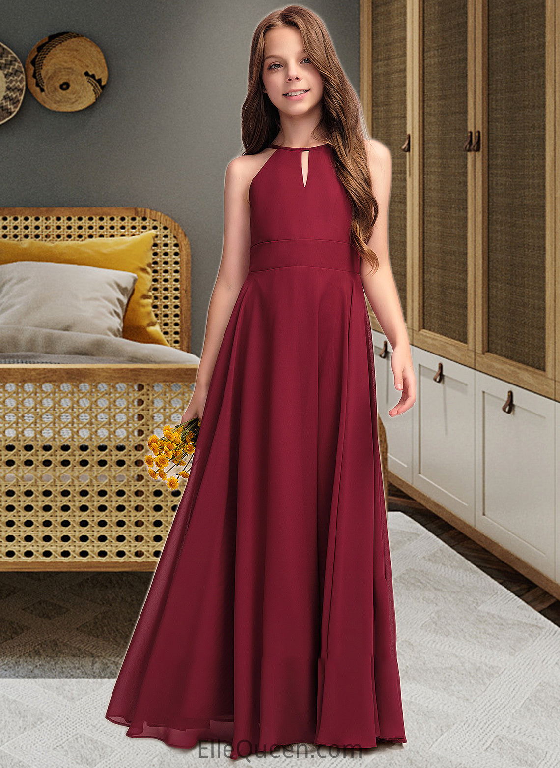 Rosalie A-Line Scoop Neck Floor-Length Chiffon Junior Bridesmaid Dress DGP0013357