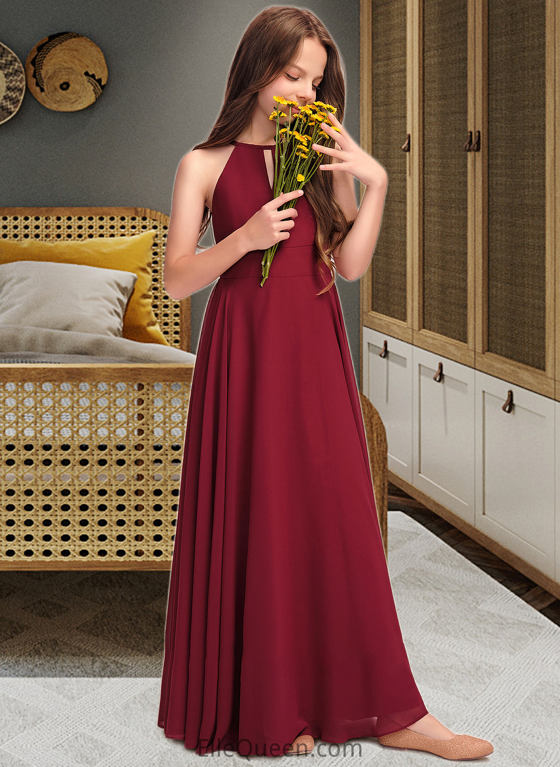 Rosalie A-Line Scoop Neck Floor-Length Chiffon Junior Bridesmaid Dress DGP0013357