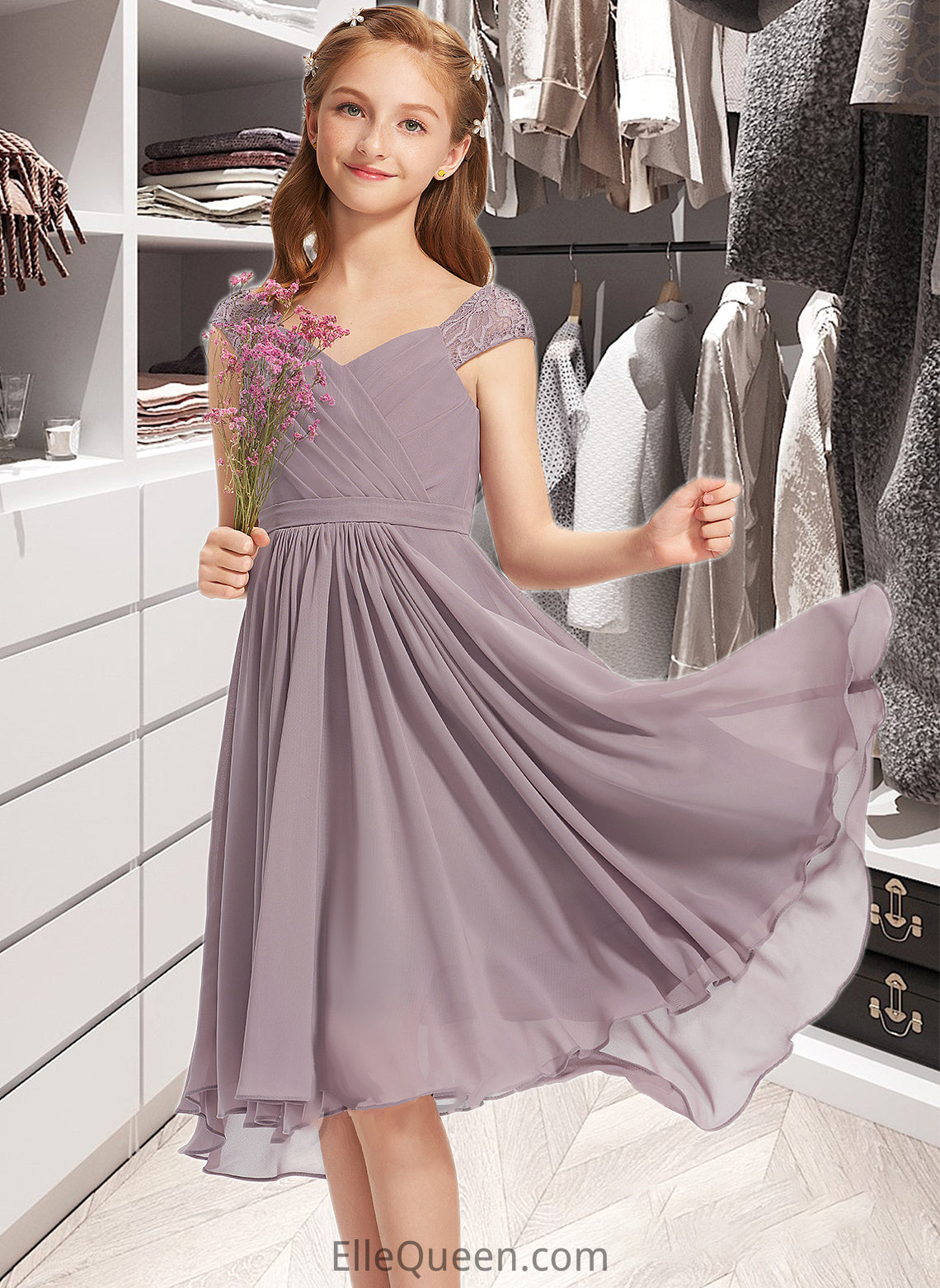 Brisa A-Line V-neck Knee-Length Chiffon Lace Junior Bridesmaid Dress With Ruffle DGP0013358