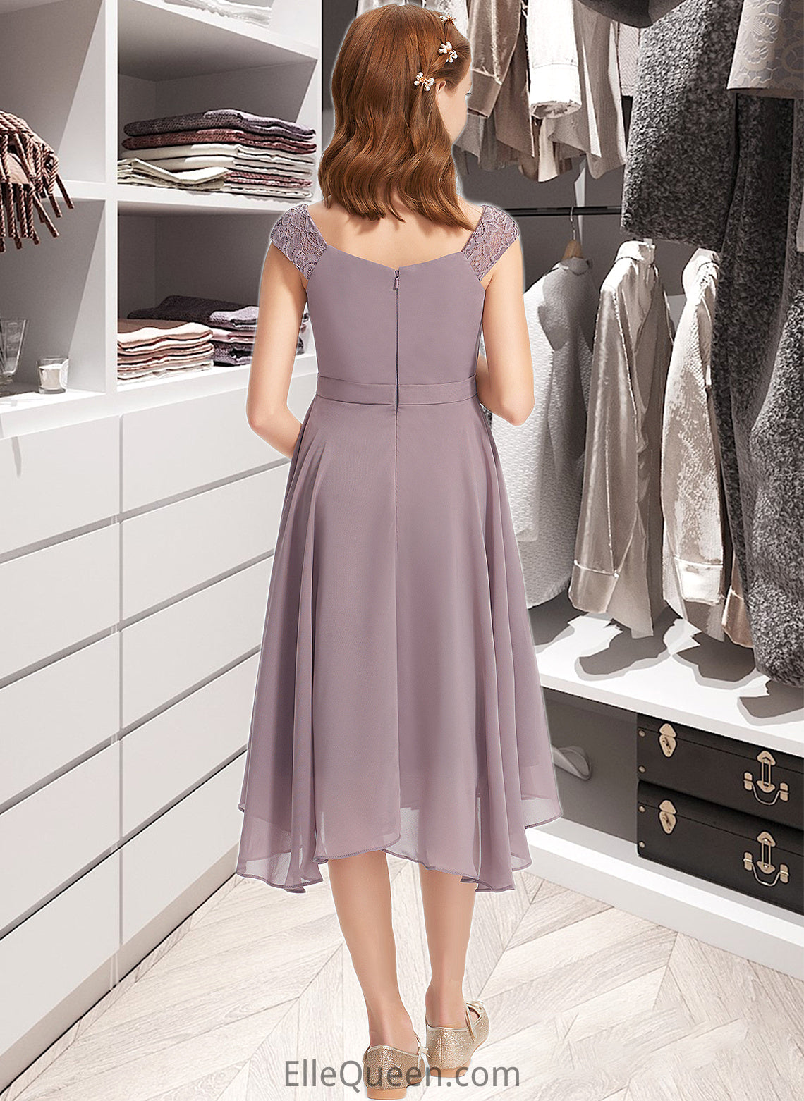 Brisa A-Line V-neck Knee-Length Chiffon Lace Junior Bridesmaid Dress With Ruffle DGP0013358