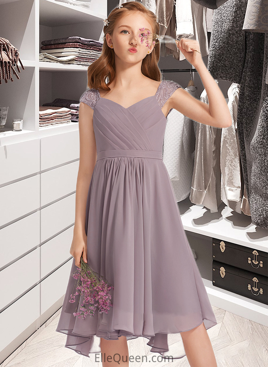 Brisa A-Line V-neck Knee-Length Chiffon Lace Junior Bridesmaid Dress With Ruffle DGP0013358