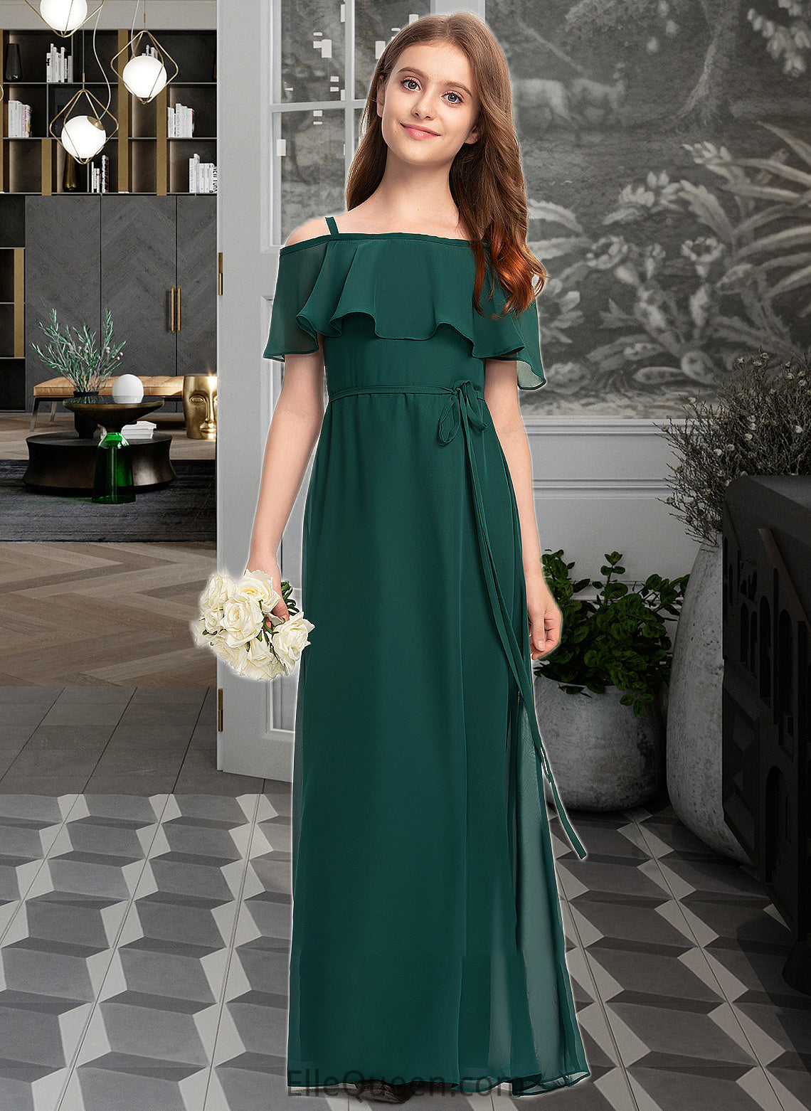 Michaela A-Line Off-the-Shoulder Floor-Length Chiffon Junior Bridesmaid Dress With Bow(s) DGP0013359