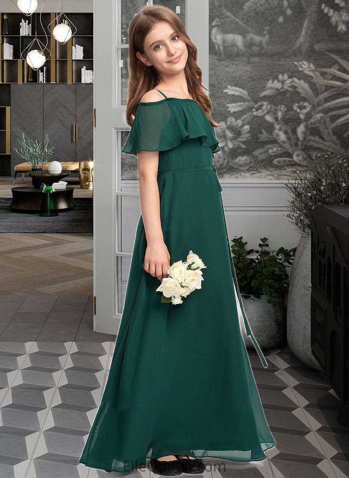 Michaela A-Line Off-the-Shoulder Floor-Length Chiffon Junior Bridesmaid Dress With Bow(s) DGP0013359