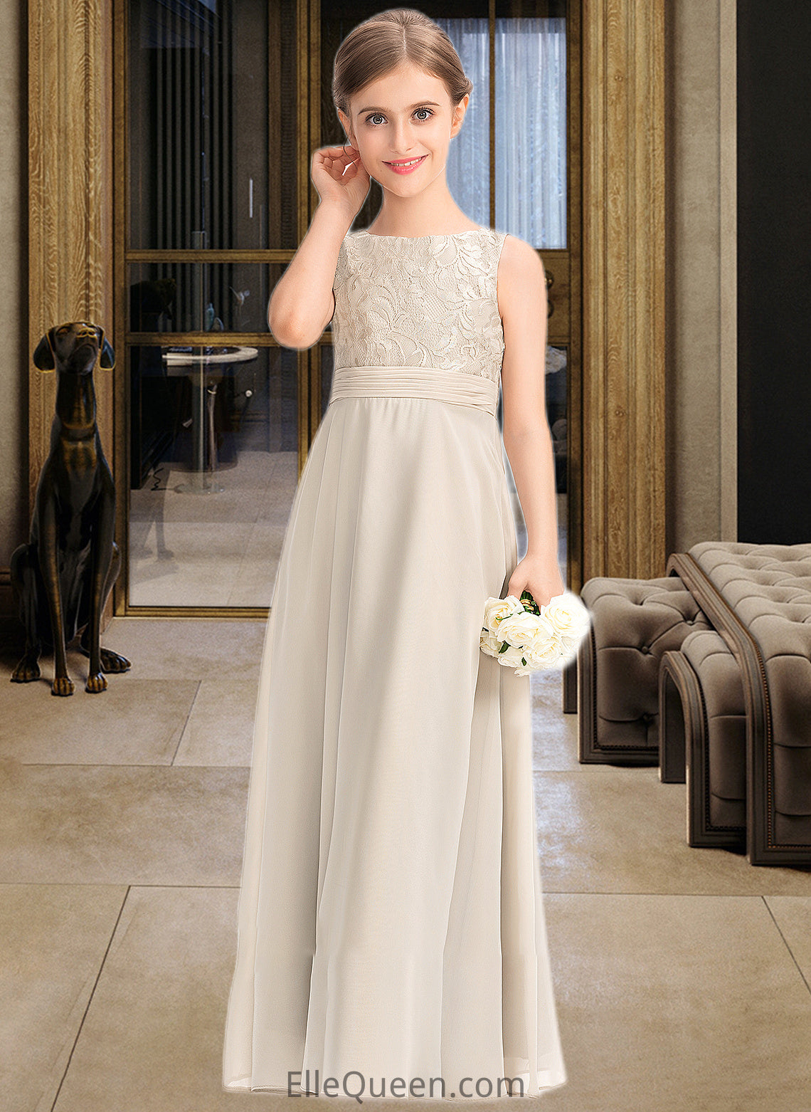 Peyton A-Line Scoop Neck Floor-Length Chiffon Lace Junior Bridesmaid Dress With Ruffle DGP0013360