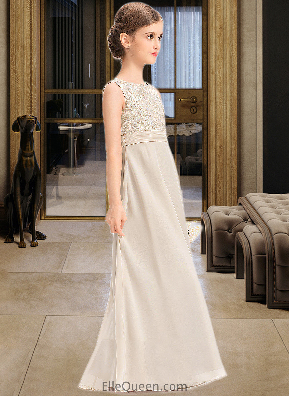 Peyton A-Line Scoop Neck Floor-Length Chiffon Lace Junior Bridesmaid Dress With Ruffle DGP0013360