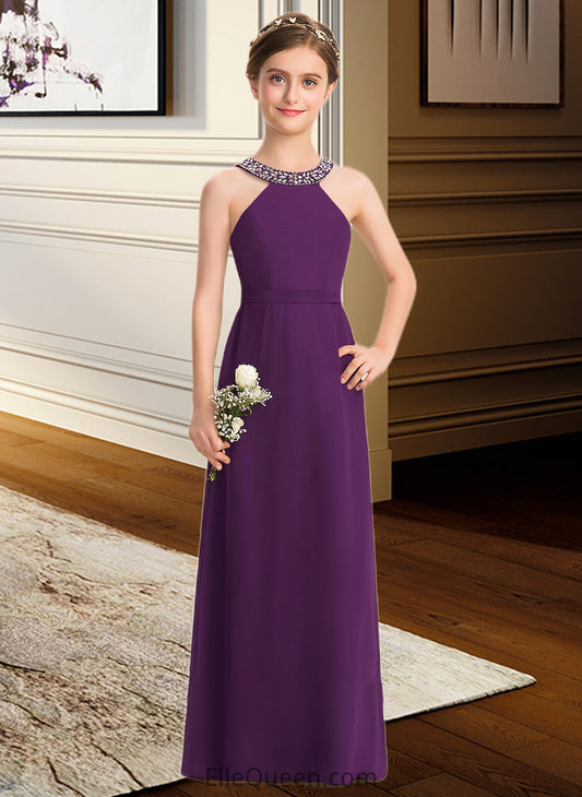 Adelyn A-Line Scoop Neck Floor-Length Chiffon Junior Bridesmaid Dress With Beading Bow(s) DGP0013361