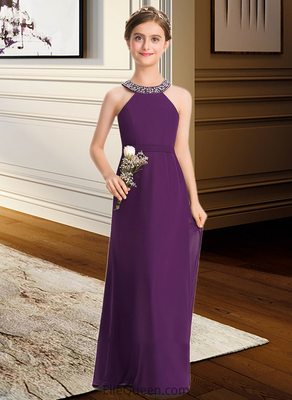 Adelyn A-Line Scoop Neck Floor-Length Chiffon Junior Bridesmaid Dress With Beading Bow(s) DGP0013361