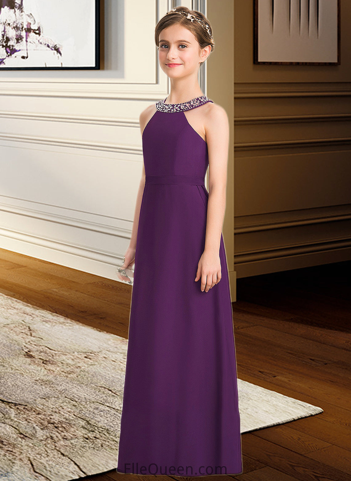 Adelyn A-Line Scoop Neck Floor-Length Chiffon Junior Bridesmaid Dress With Beading Bow(s) DGP0013361