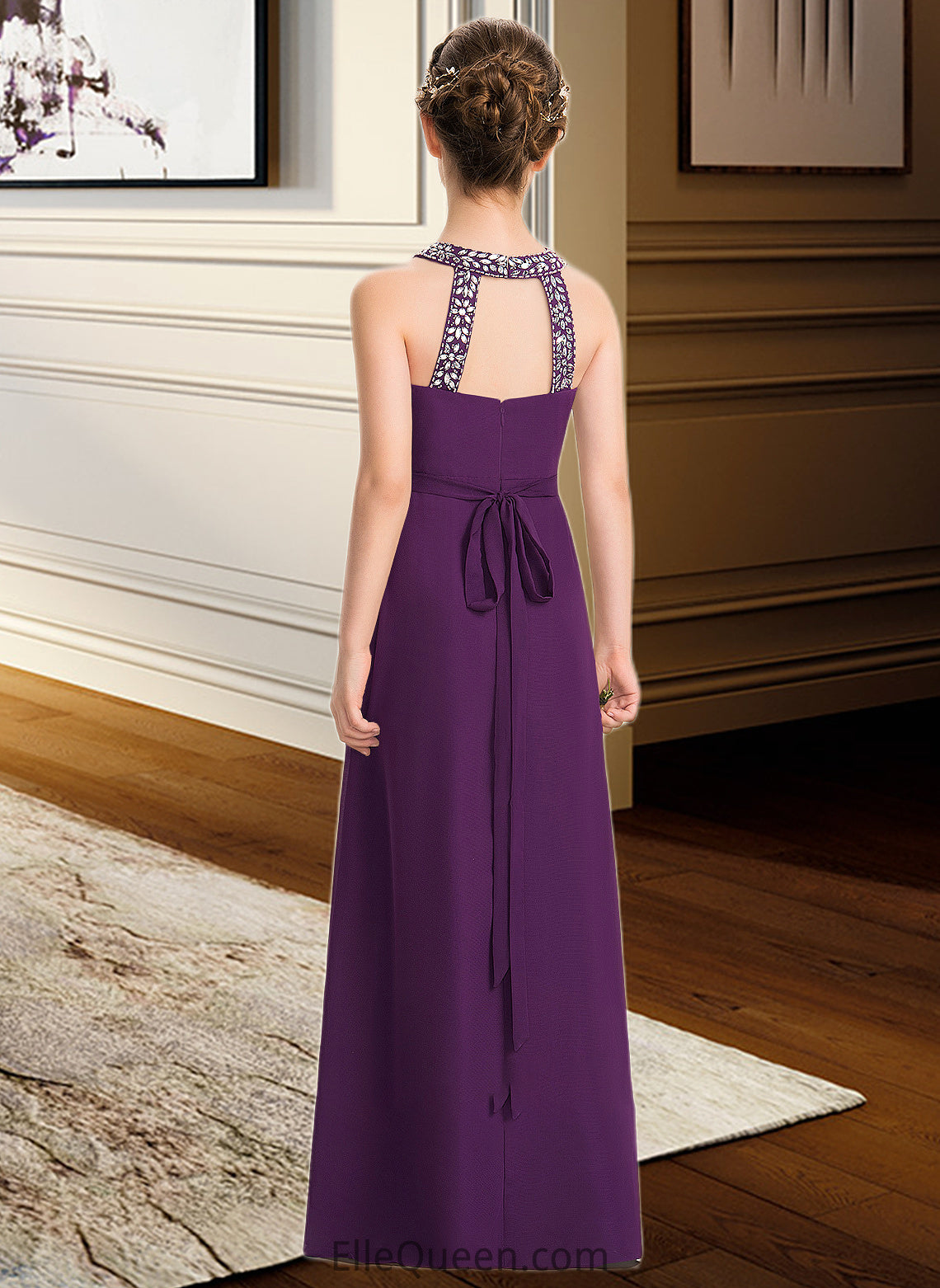 Adelyn A-Line Scoop Neck Floor-Length Chiffon Junior Bridesmaid Dress With Beading Bow(s) DGP0013361