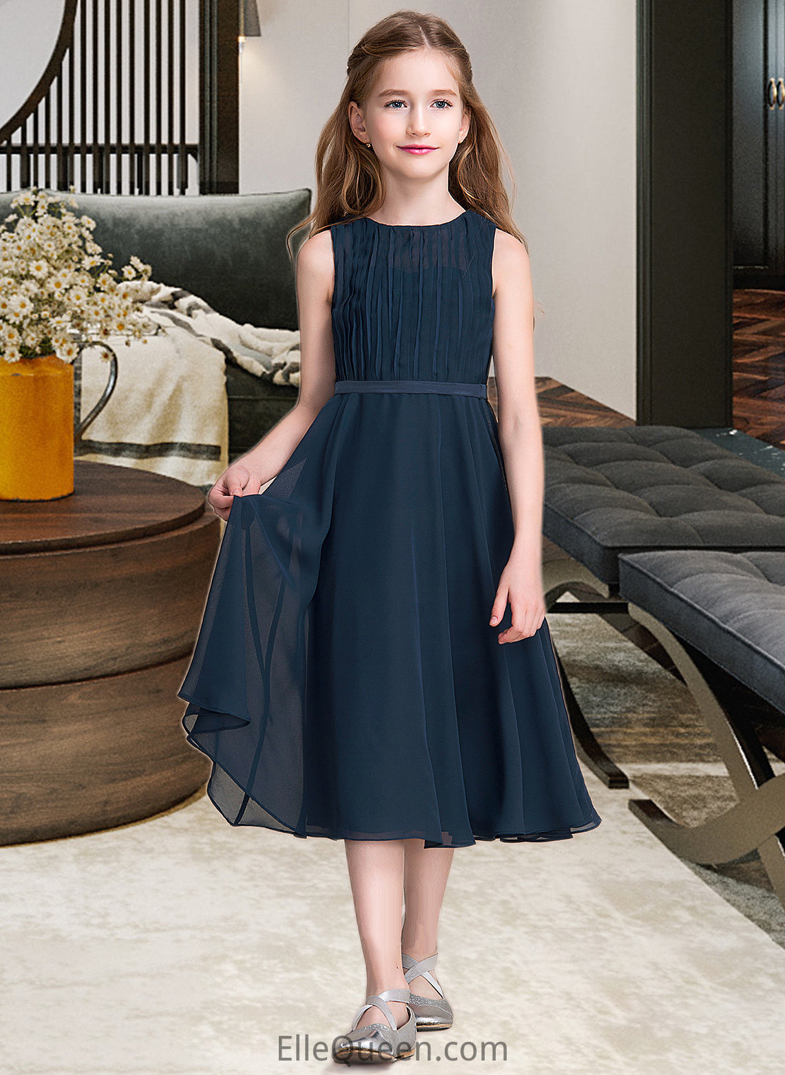 Renee A-Line Scoop Neck Tea-Length Chiffon Junior Bridesmaid Dress With Ruffle DGP0013362