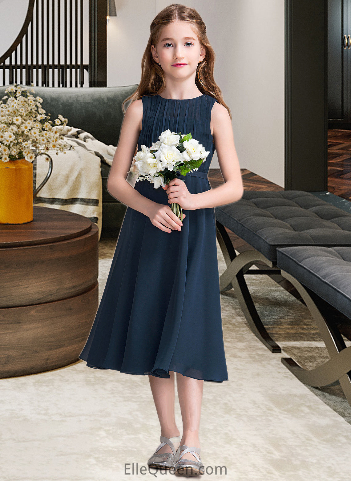 Renee A-Line Scoop Neck Tea-Length Chiffon Junior Bridesmaid Dress With Ruffle DGP0013362