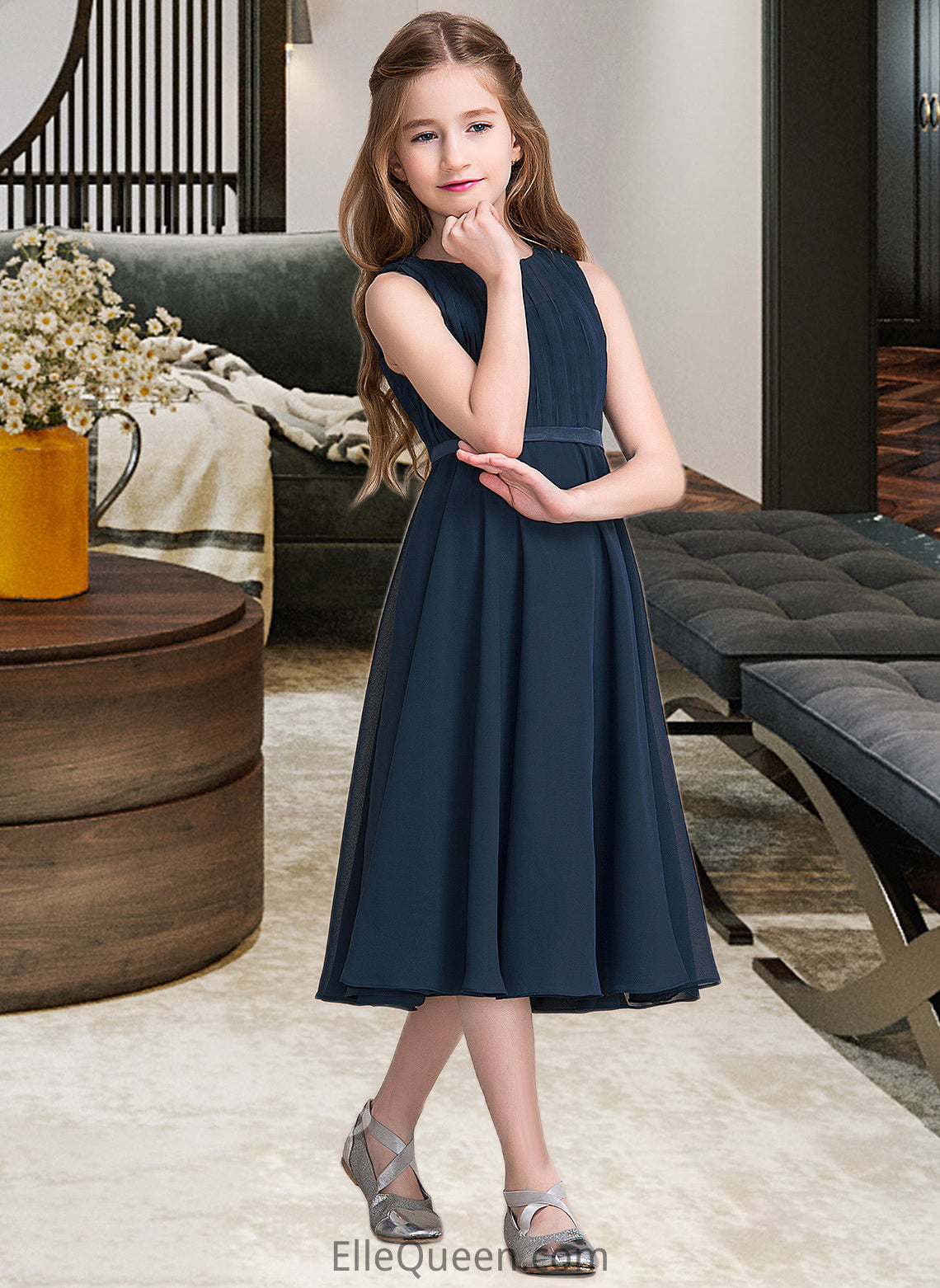 Renee A-Line Scoop Neck Tea-Length Chiffon Junior Bridesmaid Dress With Ruffle DGP0013362