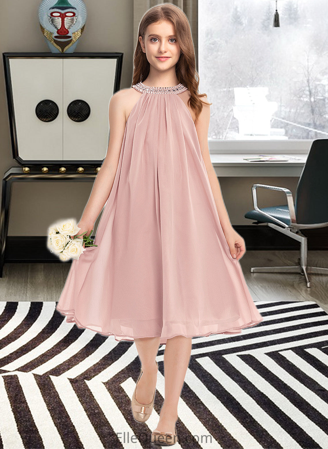 Harriet A-Line Scoop Neck Knee-Length Chiffon Junior Bridesmaid Dress With Beading Sequins DGP0013365