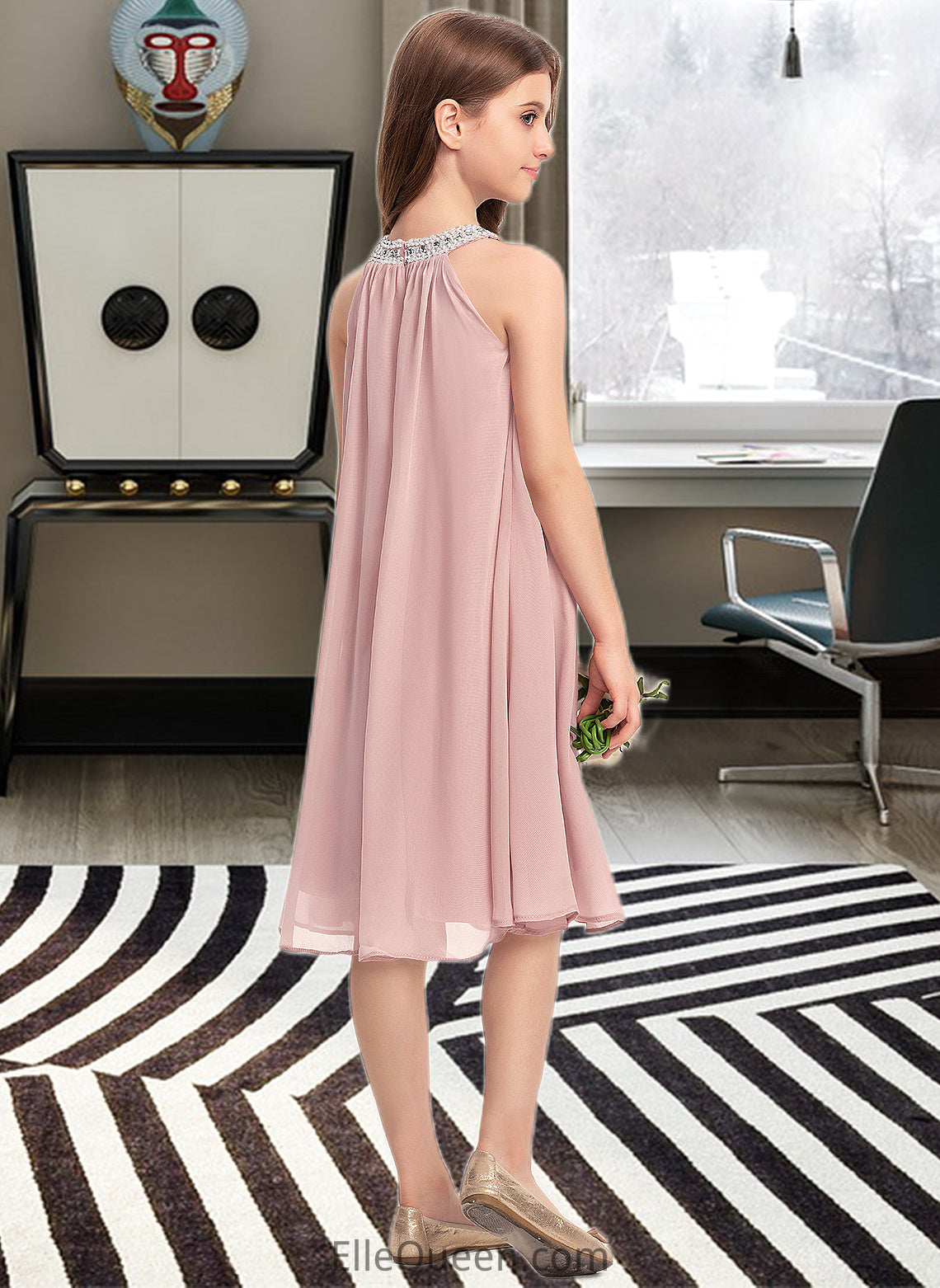 Harriet A-Line Scoop Neck Knee-Length Chiffon Junior Bridesmaid Dress With Beading Sequins DGP0013365