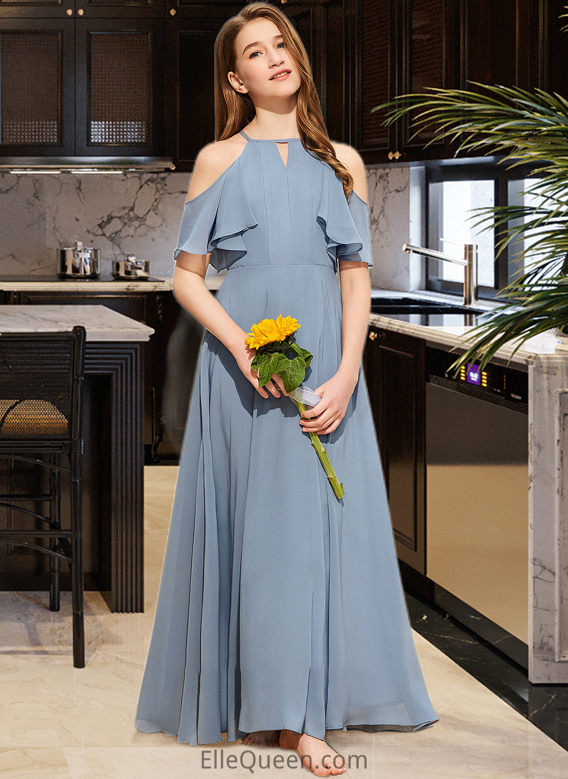 Bella A-Line Scoop Neck Floor-Length Chiffon Junior Bridesmaid Dress With Cascading Ruffles DGP0013367