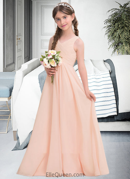 Donna A-Line V-neck Floor-Length Chiffon Junior Bridesmaid Dress With Ruffle DGP0013368