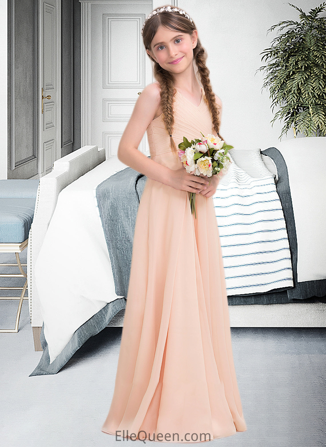 Donna A-Line V-neck Floor-Length Chiffon Junior Bridesmaid Dress With Ruffle DGP0013368