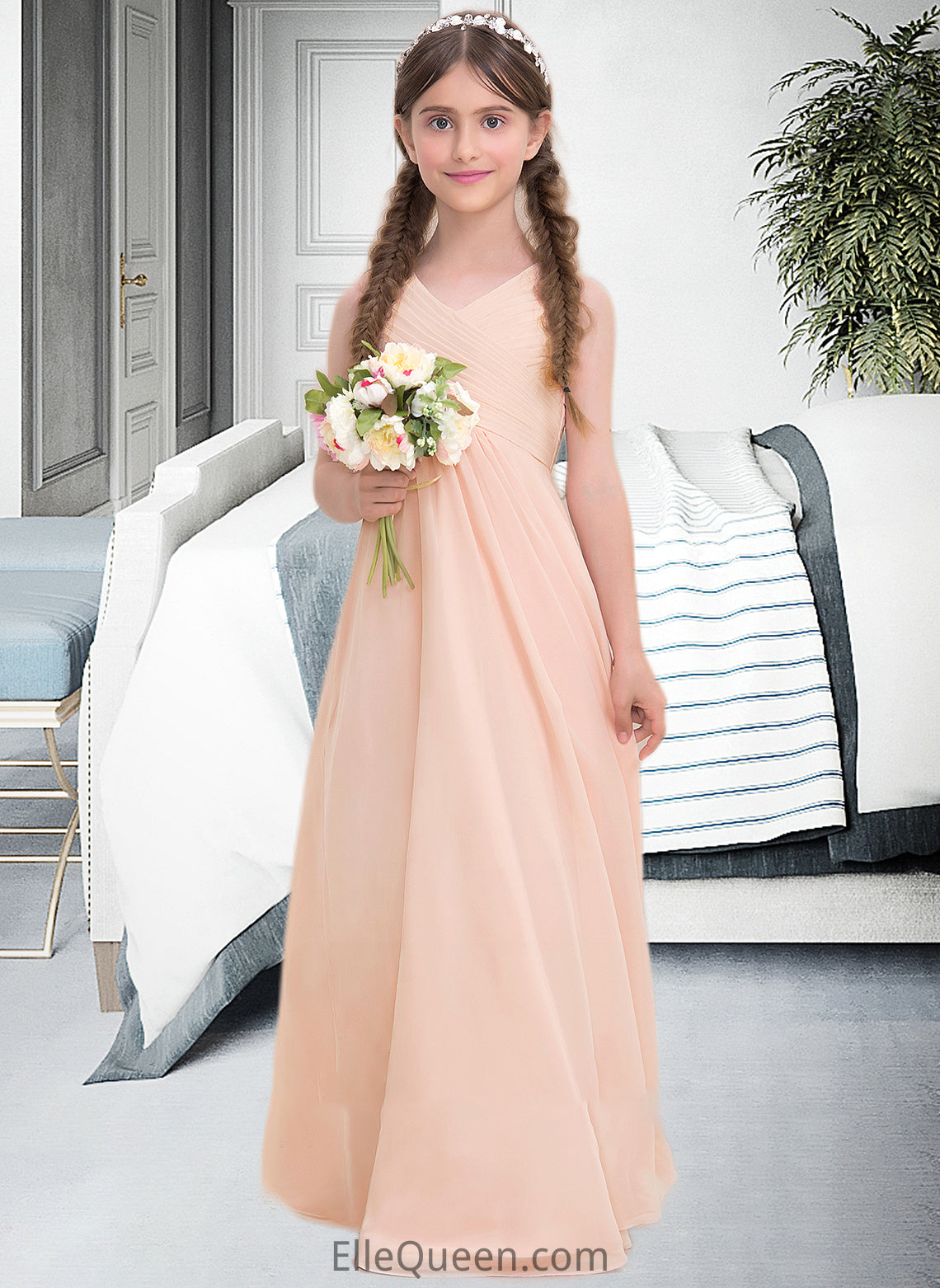 Donna A-Line V-neck Floor-Length Chiffon Junior Bridesmaid Dress With Ruffle DGP0013368