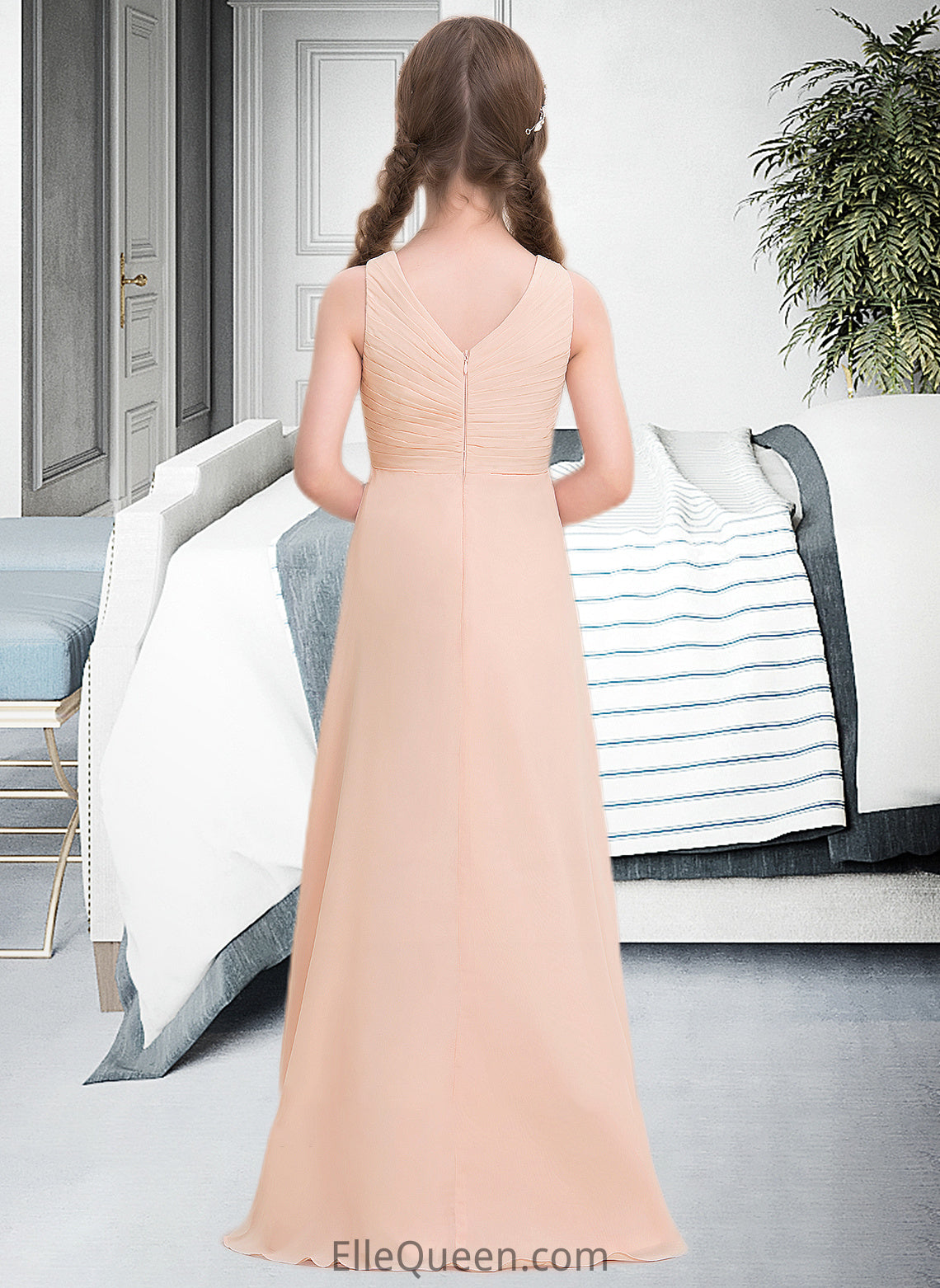 Donna A-Line V-neck Floor-Length Chiffon Junior Bridesmaid Dress With Ruffle DGP0013368