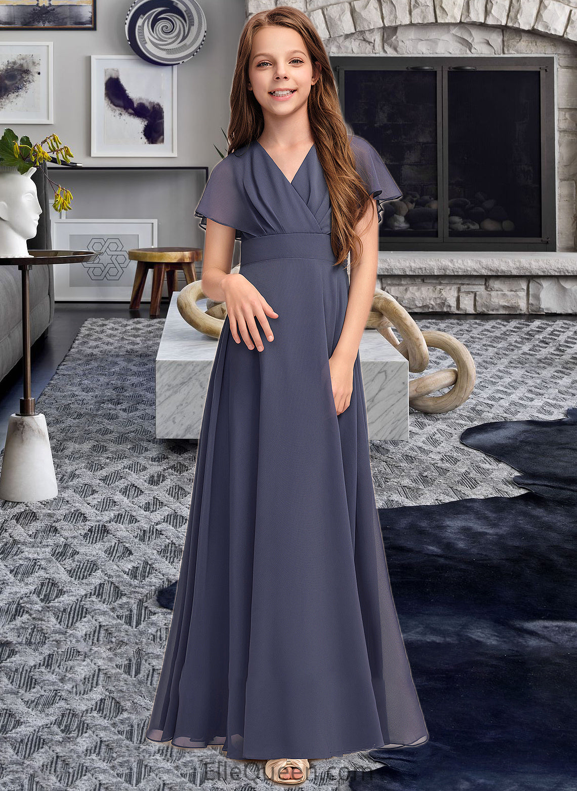 Adelyn A-Line V-neck Floor-Length Chiffon Junior Bridesmaid Dress With Ruffle Bow(s) DGP0013369