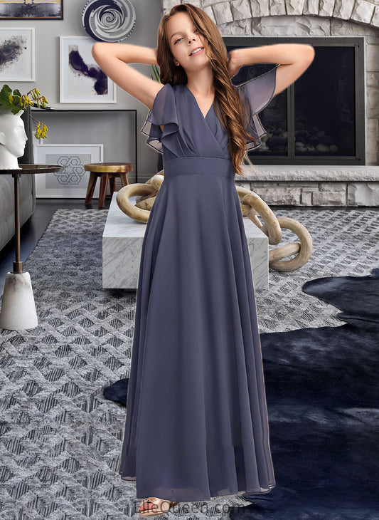 Adelyn A-Line V-neck Floor-Length Chiffon Junior Bridesmaid Dress With Ruffle Bow(s) DGP0013369