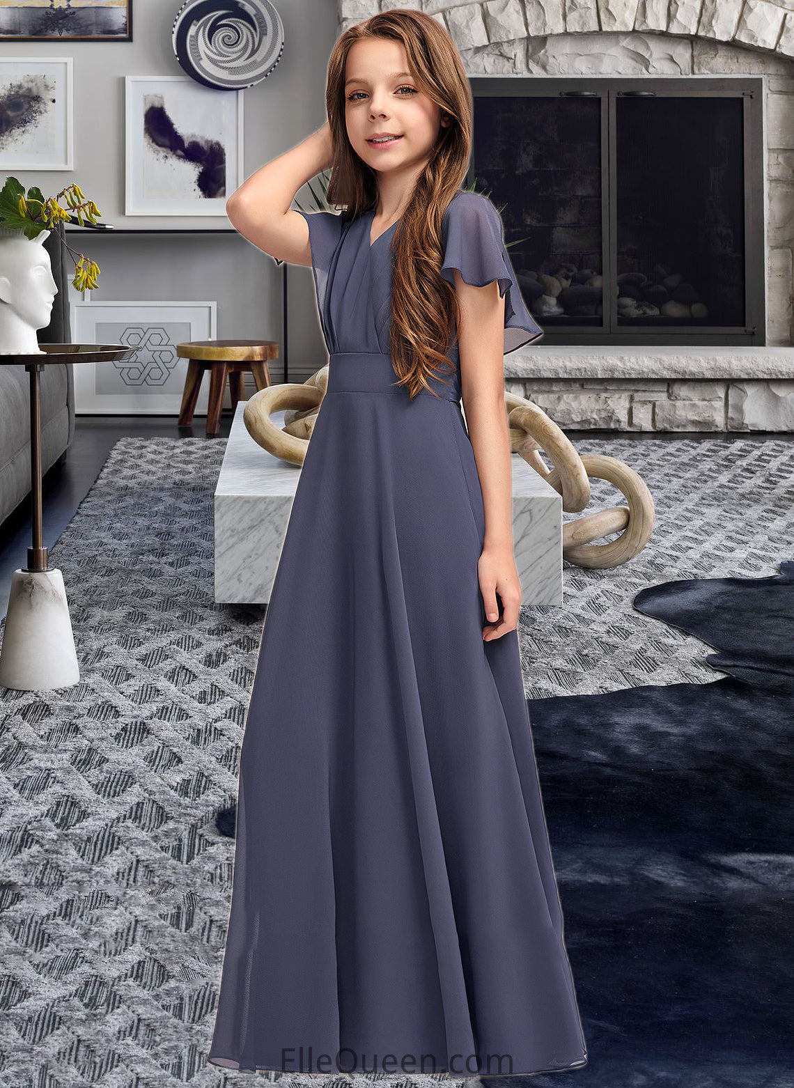 Adelyn A-Line V-neck Floor-Length Chiffon Junior Bridesmaid Dress With Ruffle Bow(s) DGP0013369