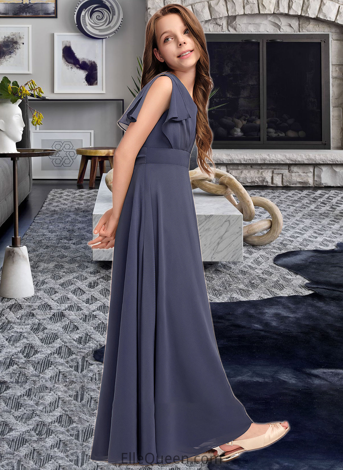 Adelyn A-Line V-neck Floor-Length Chiffon Junior Bridesmaid Dress With Ruffle Bow(s) DGP0013369