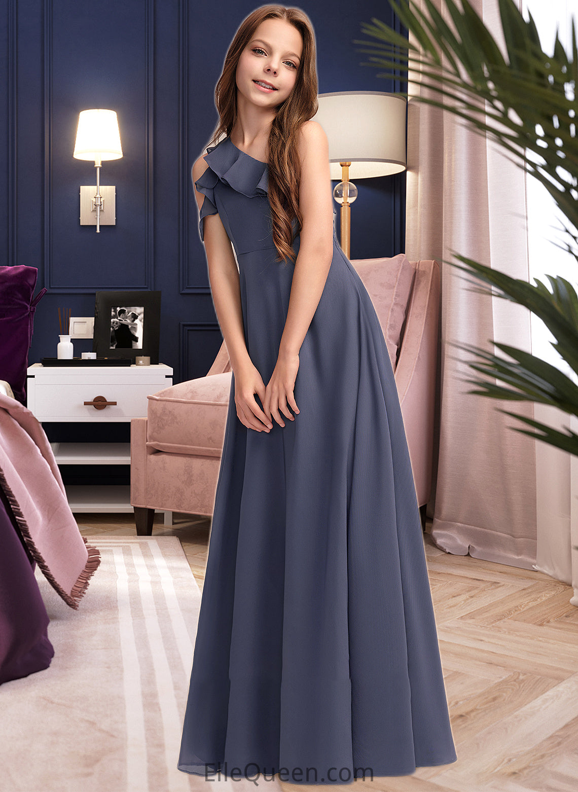 Janice A-Line One-Shoulder Floor-Length Chiffon Junior Bridesmaid Dress With Cascading Ruffles DGP0013370