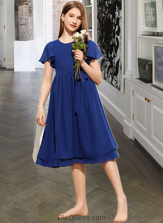 Sariah A-Line Scoop Neck Knee-Length Chiffon Junior Bridesmaid Dress With Bow(s) DGP0013372