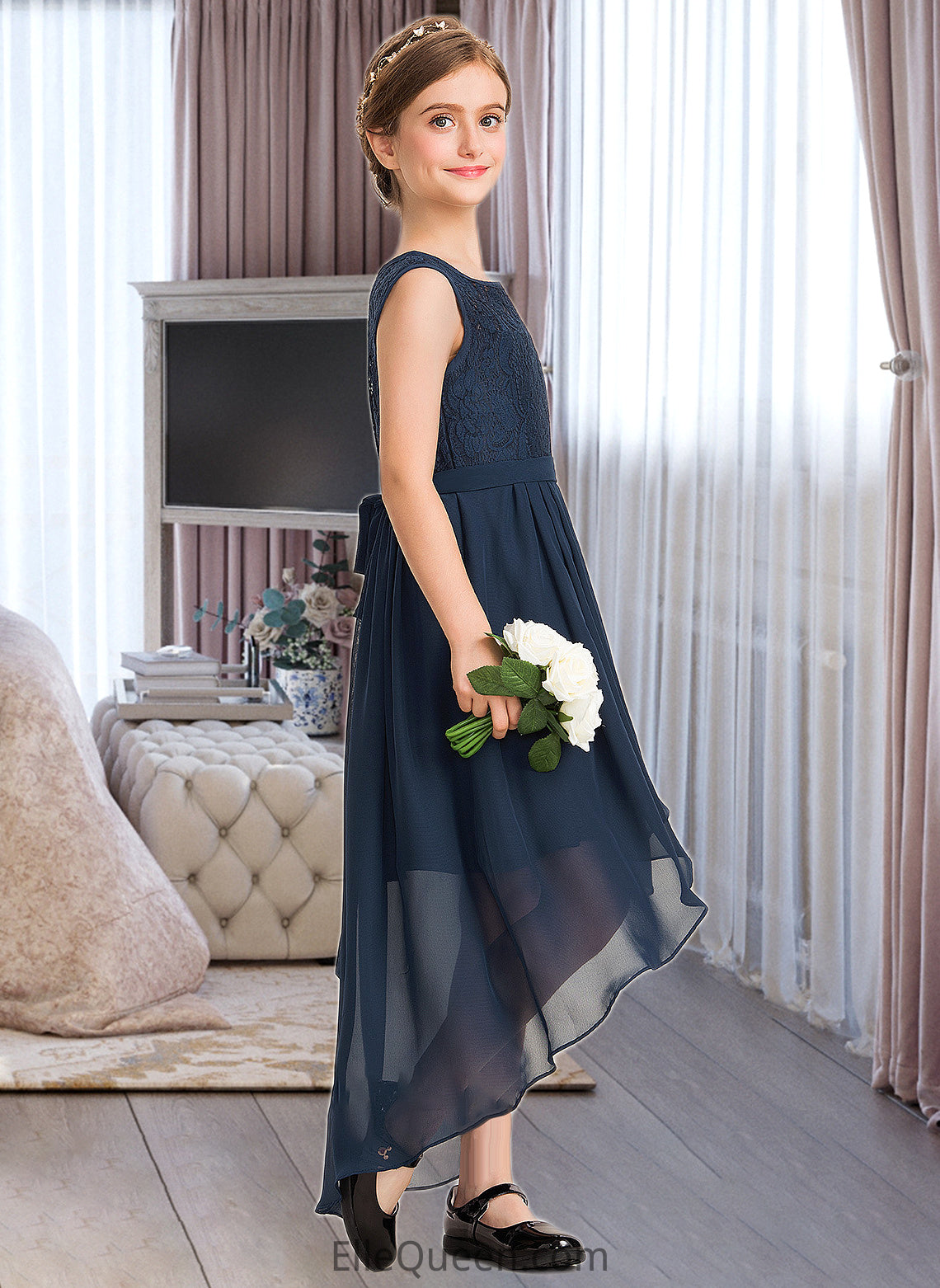 Mallory A-Line Scoop Neck Asymmetrical Chiffon Lace Junior Bridesmaid Dress With Bow(s) Cascading Ruffles DGP0013373